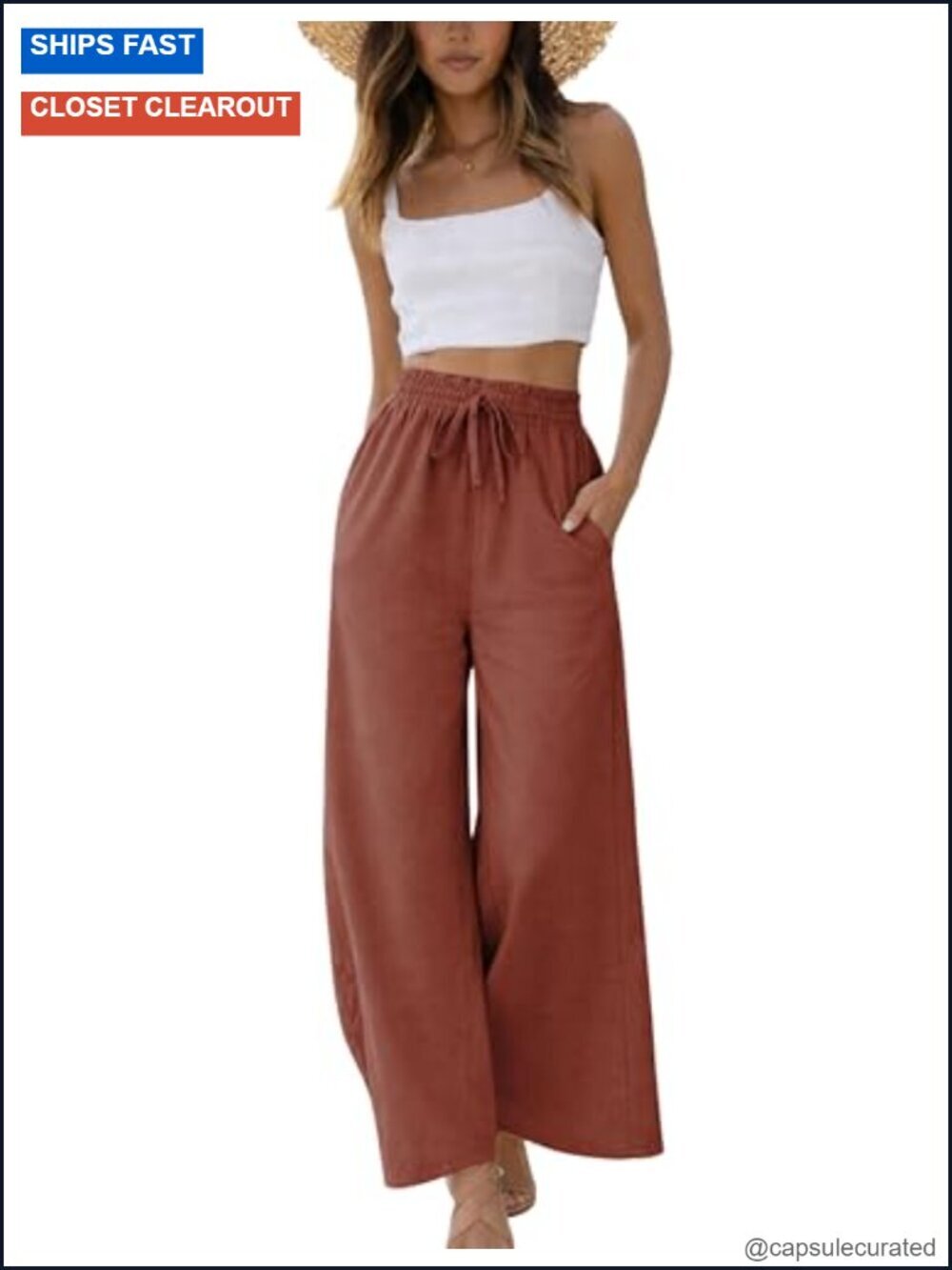 55% Linen Cotton Wide Leg Pants Drawstring Elastic High Waist Palazzo Trousers